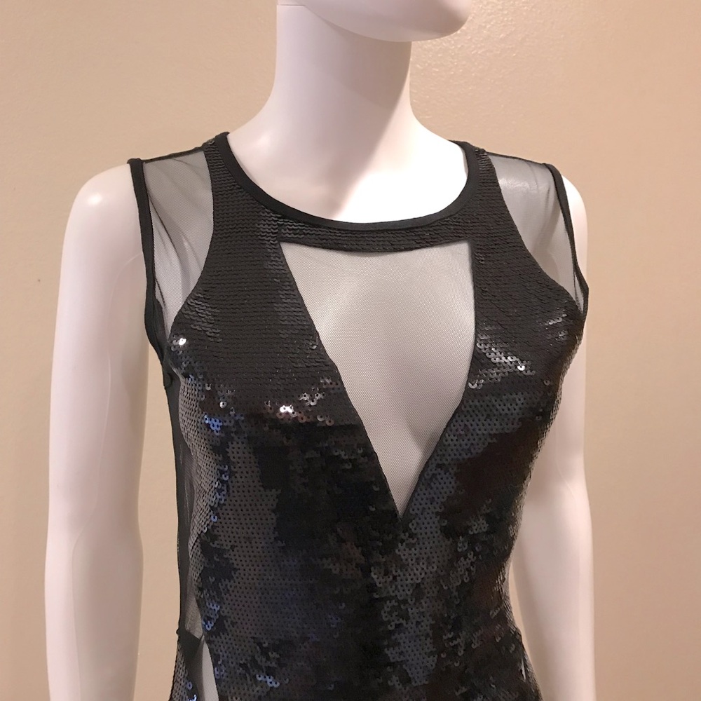 Black Sequins Mini Dress NEW Womens Size XS Extra Small Mesh Party Club Chic - Picture 2 of 14